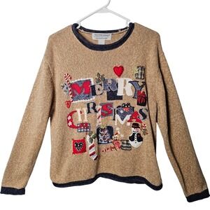 Tiara International Womens Merry Christmas Sweater L Tan Vintage Holiday Kitsch